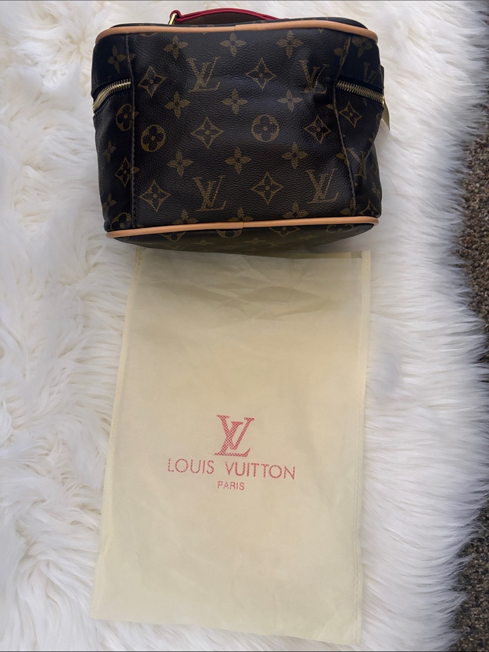 Louis Vuitton Monogram Cosmetic Case in Brown with Vachetta Trim and Red Accent - Picture 3 of 11